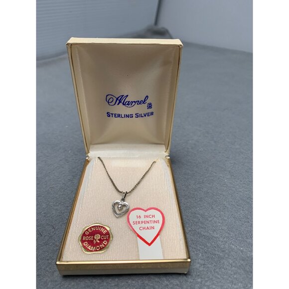 Marvella Sterling Silver Heart Necklace 16" Serpentine Chain Genuine Rose Cut Di - Picture 6 of 6